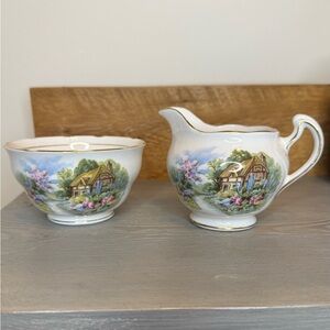 “Royal Vale” Bone China Cottage in the Forest Design Crème And Sugar Bowl Set